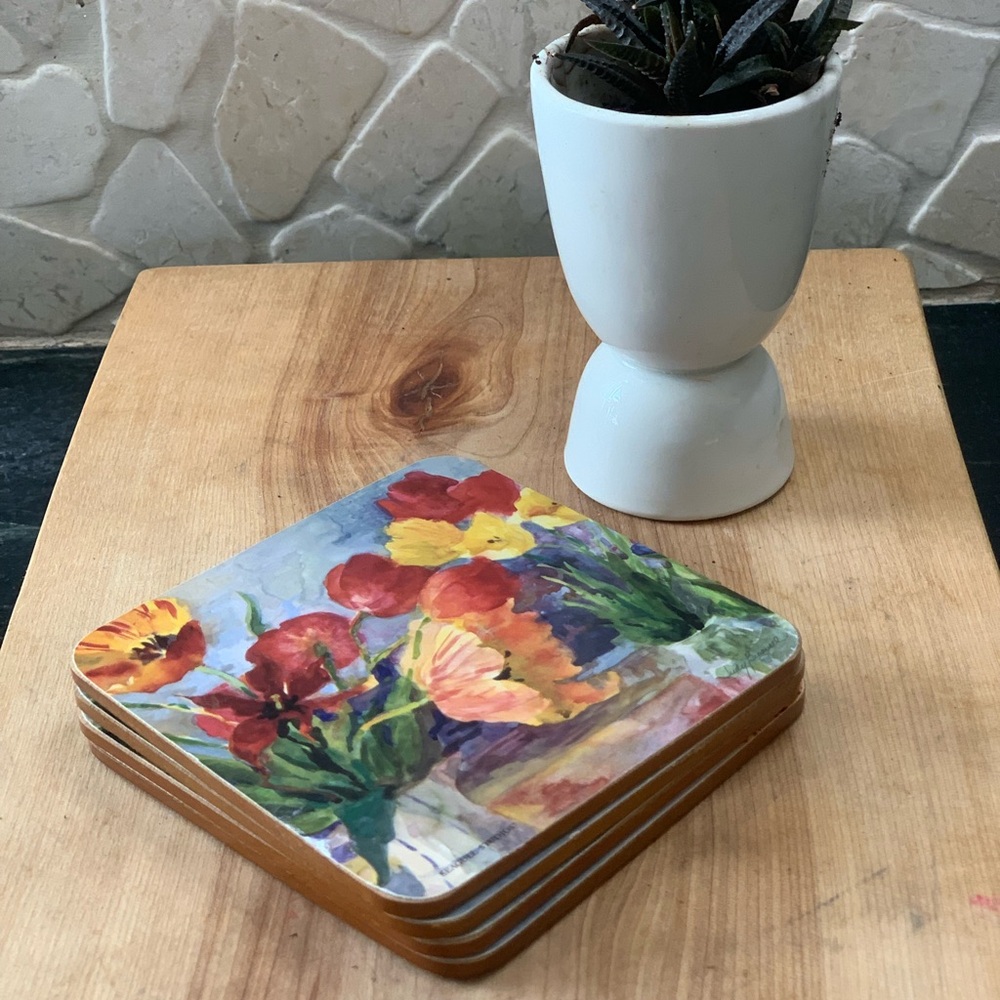 SEAGULL | Set of 4 | Vintage Tulip Theme Cork Backed Coaters